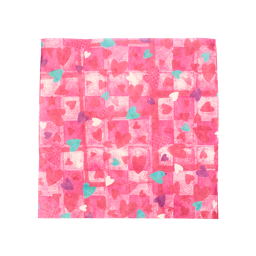 The Hearts Lokta Paper displays a square sheet with a textured pink background and subtle grid. It is scattered with colorful heart illustrations in shades of pink, red, teal, purple, and white.
