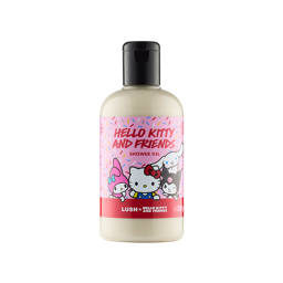 A bottle filled with cream-coloured Lush shower gel, featuring a pink sprinkled label illustrated with Hello Kitty and friends beneath the text "Hello Kitty and Friends".