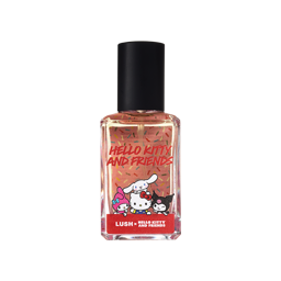 Hello Kitty And Friends. A square, transparent perfume bottle with a black lid. The clear liquid perfume is visible inside and the label is transparent with the words "Hello Kitty and Friends" written with the featured Hello Kitty characters. 