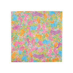 Hoppy Easter. A square sheet of reusable Lokta paper featuring a whimsical, hand-drawn floral pattern. The design includes colourful rabbits in pink, blue, orange, and purple nestled among yellow flowers and pink petals.