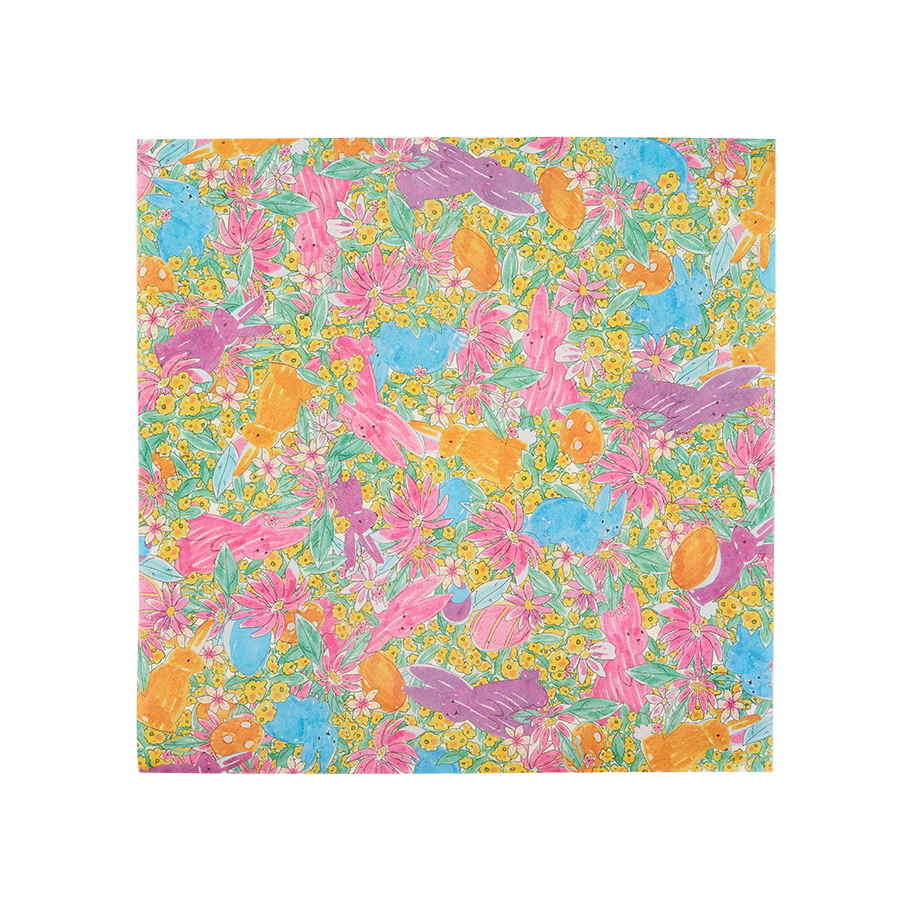 Hoppy Easter. A square sheet of reusable Lokta paper featuring a whimsical, hand-drawn floral pattern. The design includes colourful rabbits in pink, blue, orange, and purple nestled among yellow flowers and pink petals.