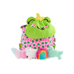 The Hoppy Frog gift features a playful green frog backpack with a pink lily pad pattern. It sits behind a Luna's butterfly bath bomb, a Toby Magic Cow bath bomb, a Mini Rainbow bubble bar, and a Hoppy Frog bath bomb on a light background.