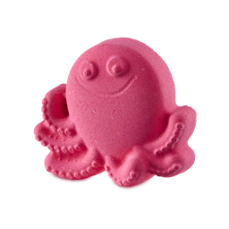 How Many Tickles Does It Take To Make An Octopus Laugh? A bright bath bomb shaped like an octopus. It is a deep pink colour and has an embossed smile with big eyes and tentacle suckers. 