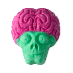Invaders From Mars. A bubble bar shaped like a zombie's head. Its green skull-like face has hollow eyes, topped with a prominent textured pink brain.