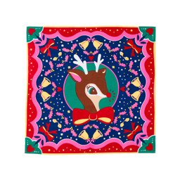It's Christmas Deer. A square, fabric knot wrap with a vibrant, festive design of a reindeer in the center. The wrap features a border of bells, ribbons, and stars on a dark blue background.