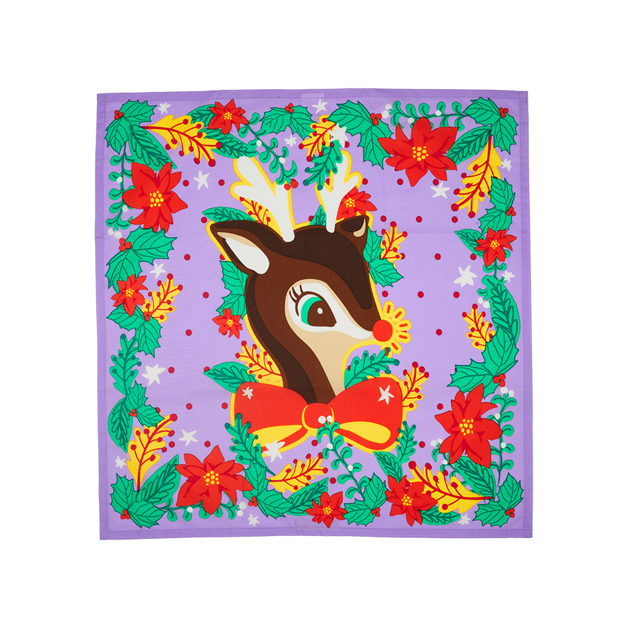 It's Christmas Deer. A lilac knot wrap with a botanical border and a playful Christmas deer in the centre. 