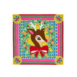 It's Christmas Deer. A square Lush fabric Knot Wrap featuring an illustration of a brown reindeer with a red bow tie, framed by festive holly, berries, and a colourful patterned border