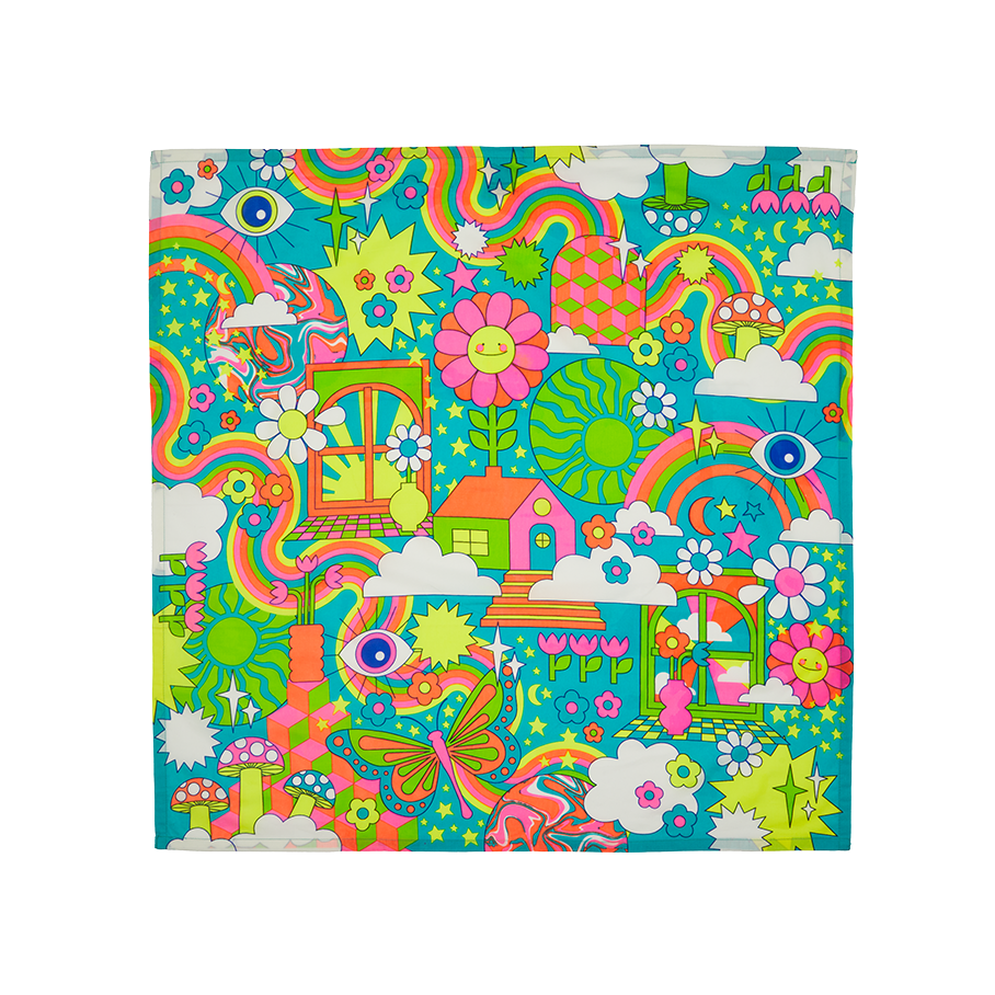 Joyous Springtime. A square knot wrap inspired by a colourful, flower-power-era design featuring lots of flowers, swirls, rainbows, mushrooms and clouds. 