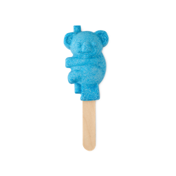 Koala. A fun, electric-blue bubble bar in the shape of a Koala and has silver shimmer throughout. The Bubble bar is attached to a wooden stick. 
