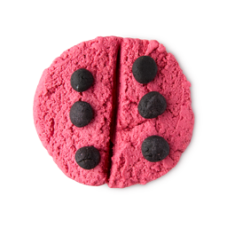 Ladybird. A rounded swatch of thick, textured, deep pink facial cleanser. The surface is divided down the middle, resembling a ladybird, with six small, dark grey spheres placed symmetrically like spots across its wings.