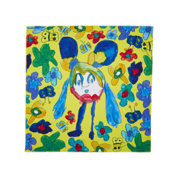 Laugh Lots, Love Life. A square knot wrap with a fresh, yellow background depicting a friendly, doodled character in the centre surrounded by flowers and butterflies. 
