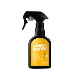Lemony Flutter. A classic black LUSH body spray bottle with a dandelion-yellow sticker and the product name "Lemony Flutter" printed on the front. 