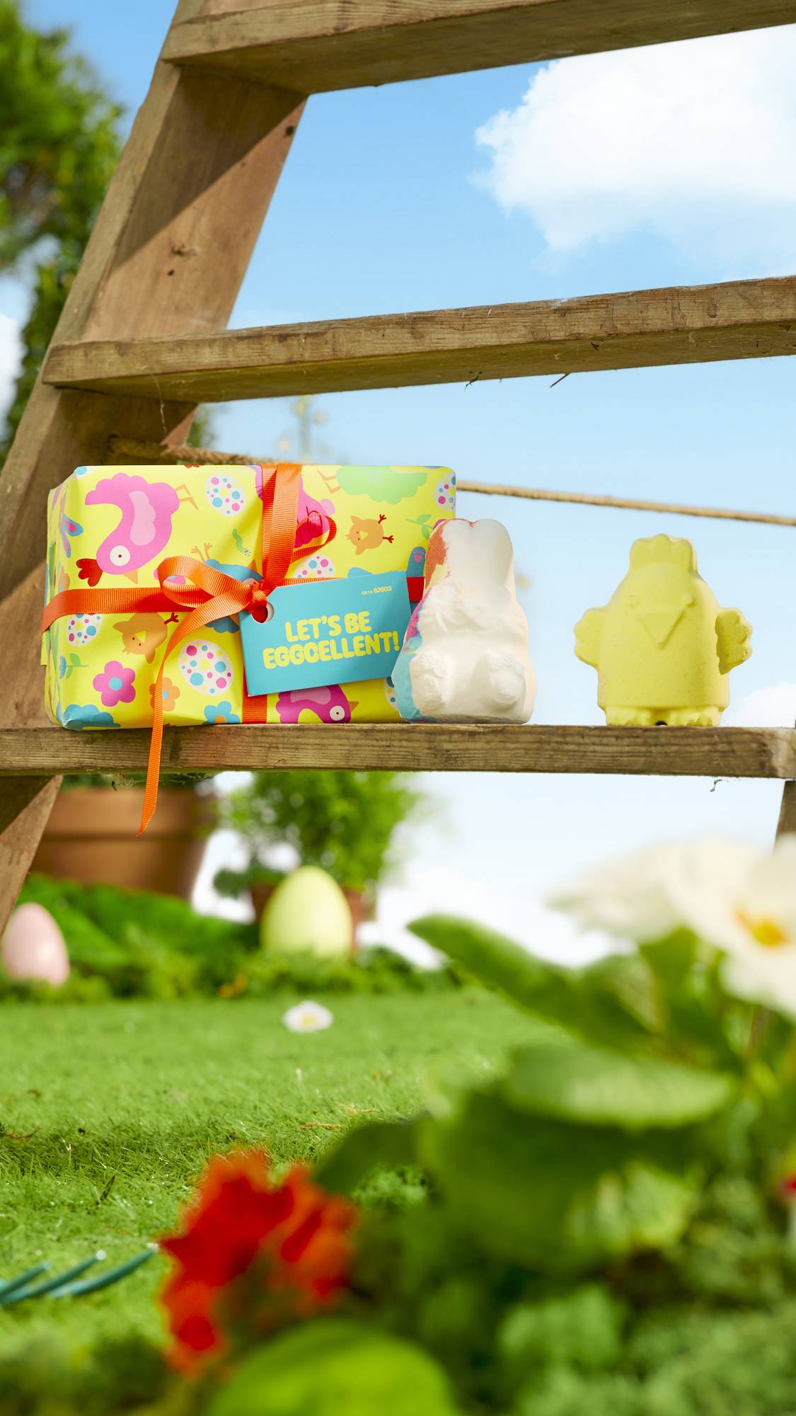 The image shows a wooden ladder under blue skies surrounded by fresh grass and flowers.  The bright gift box and two bath products sit on a ladder step.