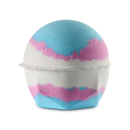 Liberation. A spherical bath bomb with a flat, geometric base. The product is coloured like the trans flag with a baby blue colour on the top and bottom, with a baby pink colour within the blue, and a single white stripe around the middle. 