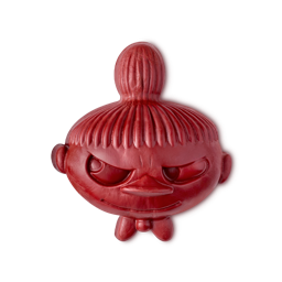 Little My soap. A dark red, matte product shaped like the head of the Moomin character Little My, featuring her signature topknot hairstyle and a mischievous expression.