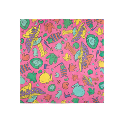 Loads of Toads. A square, fabric Lokta wrap. It has a pink background and fun illustrations of different frogs on lilypads and mushrooms and in pyjamas in a playful, hand-drawn style. 