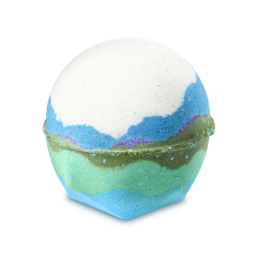Lola's Aurora Borealis. A spherical bath bomb with a flat, geometric base. It features a landscape-like design with horizontal layers of white, blue, purple, and green. 