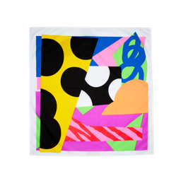 Loose Ends. This vibrant knot wrap is made up of bold, vibrant blocks of coloured shapes, some with large spots of spirals. 