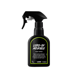 A black, recycled plastic body spray bottle with a trigger nozzle features a lime green rimmed label with white text reading 'Lord of Misrule Body Spray' standing upright.