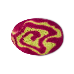 Lord of Misrule. An oval bubble bar with a marbled swirl pattern of vibrant magenta pink and light lime green.
