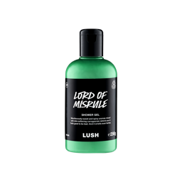 A clear bottle filled with vibrant green Lush Lord of Misrule shower gel, topped with a black cap and featuring a black label