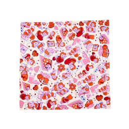 The Love Bug Knot Wrap features a cream background patterned with cartoon bugs like bees, snails, and ladybugs. Rendered in red, pink, and orange, the creatures hold hearts and love notes amidst scattered flowers.