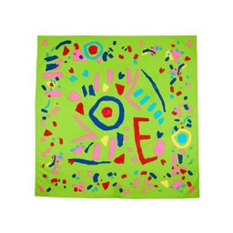 The Love Knot Knot Wrap displays a bright lime green background with abstract shapes. Central blue, pink, and red forms spell "LOVE," surrounded by scattered confetti-like brushstrokes.