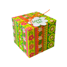 Love Ya!. A square box, printed with a striped floral design in citrus colours, tied with orange cord and a white gift tag.