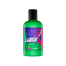 Green shower gel bottle with a black flip-top cap. The label features Luigi jumping against a purple, starry galaxy. "The Super Mario Galaxy Movie x LUSH" logos at the bottom of the label.
