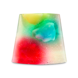 A translucent, trapezoidal-shaped shower jelly containing vibrant star-shaped Luma figures in yellow, green, blue, and red. The entire jelly is filled with shimmering plastic-free glitter