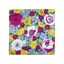 Lush Life Knot Wrap, white, purple, yellow and red lilies and roses on a blue background cover this square knot wrap.