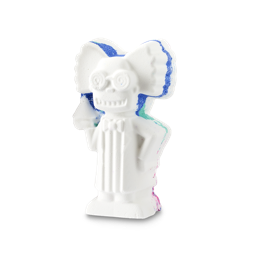 Mad Scientist. A white, character-shaped bath bomb, resembling a stereotypical "crazy Scientist" figure in a lab coat with a large bow, round glasses and static hair. It has blue and pink streaks along its sides.
