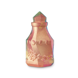 Magic Potion. A magical, apothecary, potion bottle-shaped, shimmering bath bomb embossed with magic sparkles and moon phases. The product seems to be mainly pink with blue and green throughout, covered in a gold shimmer. 