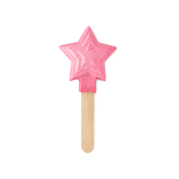 Magic Wand. A pretty, pastel-pink bubble bar in the shape of a classic five-pointed star. There is shimmering silver lustre throughout the bubble bar and it is mounted on a wooden stick. 