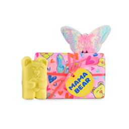 Mama Bear gift. A rectangular gift wrapped in pink heart, bear and butterfly paper, a yellow bear-shaped bath bomb, and a pastel-coloured butterfly bath bomb, tied with a pink ribbon.