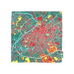 Manchester Splash Map, a colourised map of Manchester city centre, with some landmarks named and highlighted.