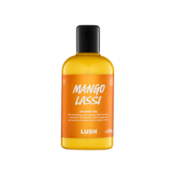 A clear bottle filled with vibrant yellow Lush Mango Lassi shower gel, topped with a black cap and featuring a bright orange label