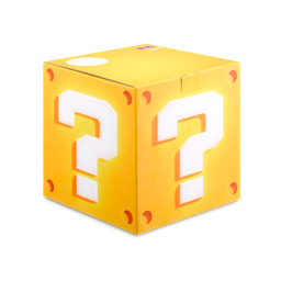 Bright yellow Question Block Gift Box cube.. Each face features a large white question mark and circular rivets in the corners. The LUSH logo is visible on the top.
