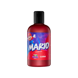 Red shower gel bottle with a black flip-top cap. The label features Mario jumping against a purple, starry galaxy background with "MARIO SHOWER GEL" in bold white letters. 