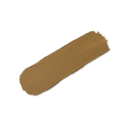 A close-up product swatch of a thick, elongated, textured streak of Medium Cool Beauty Balm. The color is a deep, cool-toned mustard/taupe brown