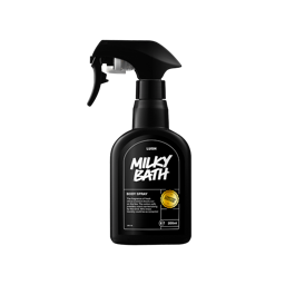 Milky Bath. A black, opaque-plastic body spray bottle. The black label on the front reads "Milky Bath" in large white letters. There is also a "Limited Edition" logo and some product information on the label. 