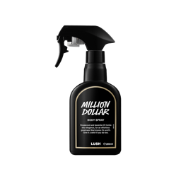 A black spray bottle of Lush 'Million Dollar' body spray. The label features white text with a gold border. The bottle has a trigger spray nozzle and contains 200ml of product.