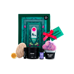 A Lush Mindful Moments gift set in a green box tied with a pink ribbon, arranged with a Karma candle, Dream Time temple balm, The Good Hour shower jelly, bubble bars, massage bar, and lip butter