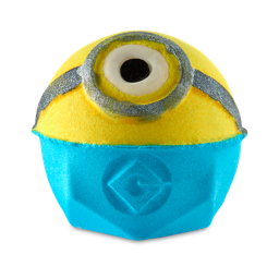 Minions. A round, colourful bath bomb designed to look like a Minions character complete with blue overall bottoms, yellow head and eye with monocle. 