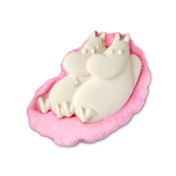 Moomin Delight. A 2-in-1 soap and body wash shaped like Moomintroll and Snorkmaiden hugging, set on top of a pink base moulded to look like a cloud. 
