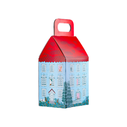 Moominhouse product holder. A house-shaped gift box designed to look like the blue Moomin house, featuring a scalloped red roof with a built-in carrying handle. Illustrated characters peek from windows.