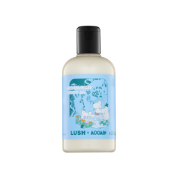 A clear bottle filled with creamy, off-white Lush x Moomin Moominvalley shower gel, topped with a black cap and featuring a light blue label with Moomin illustrations