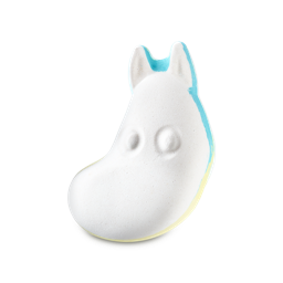 Moomintroll. A white bath bomb shaped like the character Moomintroll, featuring pointed ears and moulded eyes. The back edge reveals layers of bright blue and yellow.