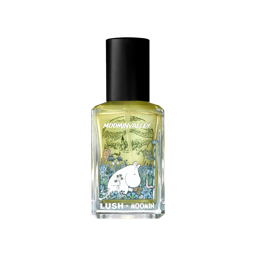 A rectangular glass bottle of pale perfume with a black cap. The clear, illustrated label reads "MOOMINVALLEY" and "LUSH x MOOMIN", featuring an illustration of Moomintroll holding flowers in a grassy field.