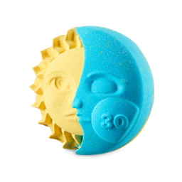 Moonshine. A bath bomb shaped like a merged sun and moon design. The yellow, half-sun has waved rays around the edge with half its face visible. The sky-blue, half-moon side is a crescent moon shape with "30" embossed on its cheek. 